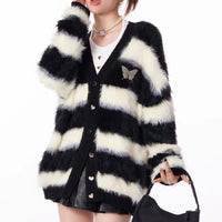 Black And White Striped Soft Glutinous Thick Lazy Knitted Cardigan