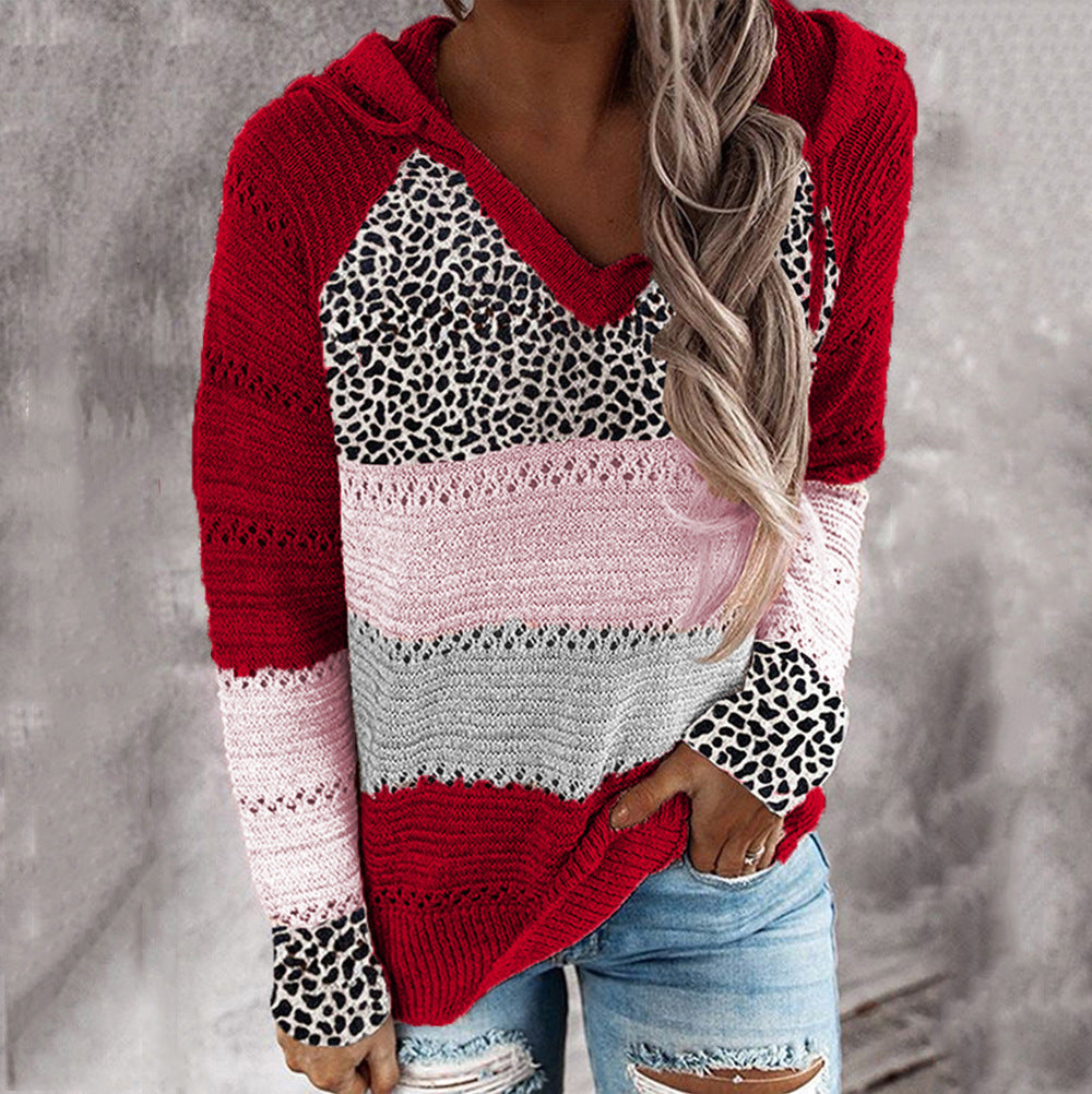 Stripe Loose V-Neck Hooded Long Sleeve Sweater