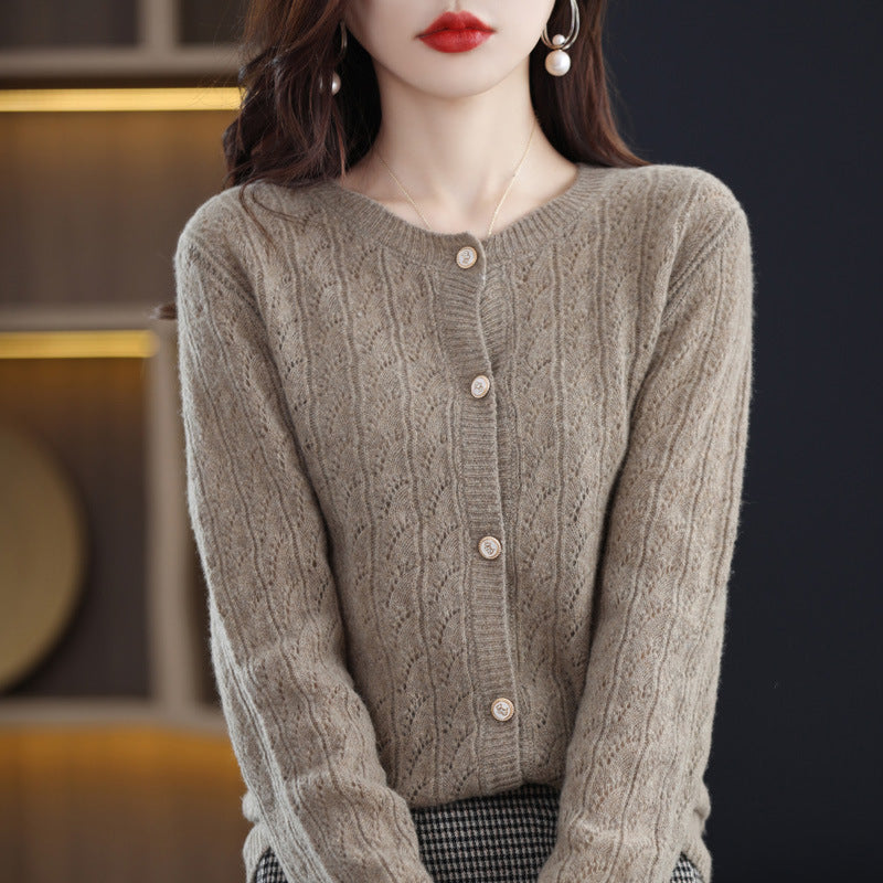 Women Solid Color Loose Round Neck Cardigan