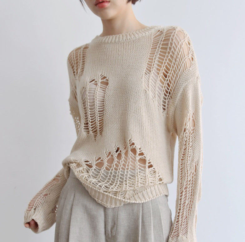 Women's Hollow-out Long-sleeved Knitted Blouse Ripped Sweater