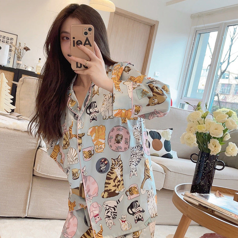 Women's Spring And Summer Cat Cardigan Long-sleeved Pajamas Suit