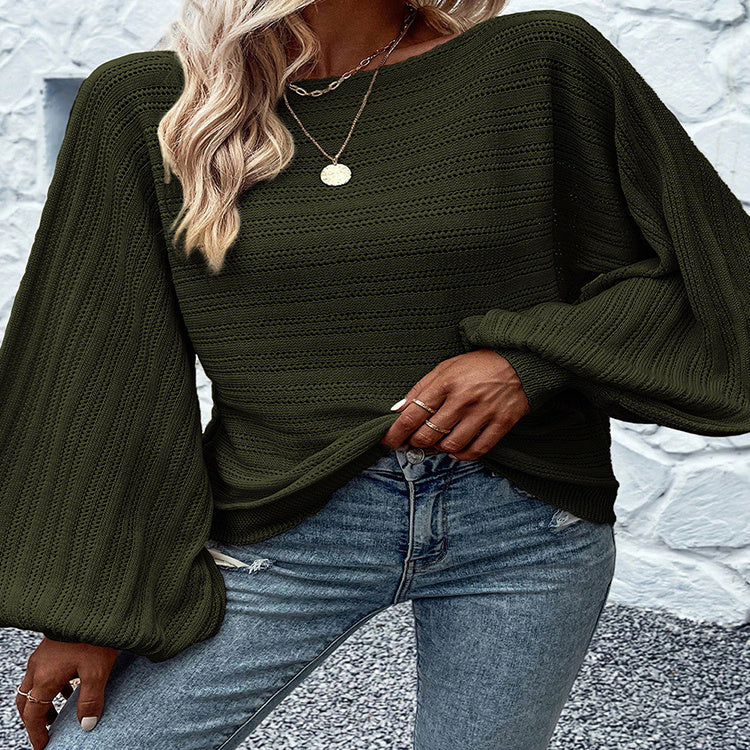 Textured Lantern Sleeve Off-neck Sweater Loose Pullover Sweater