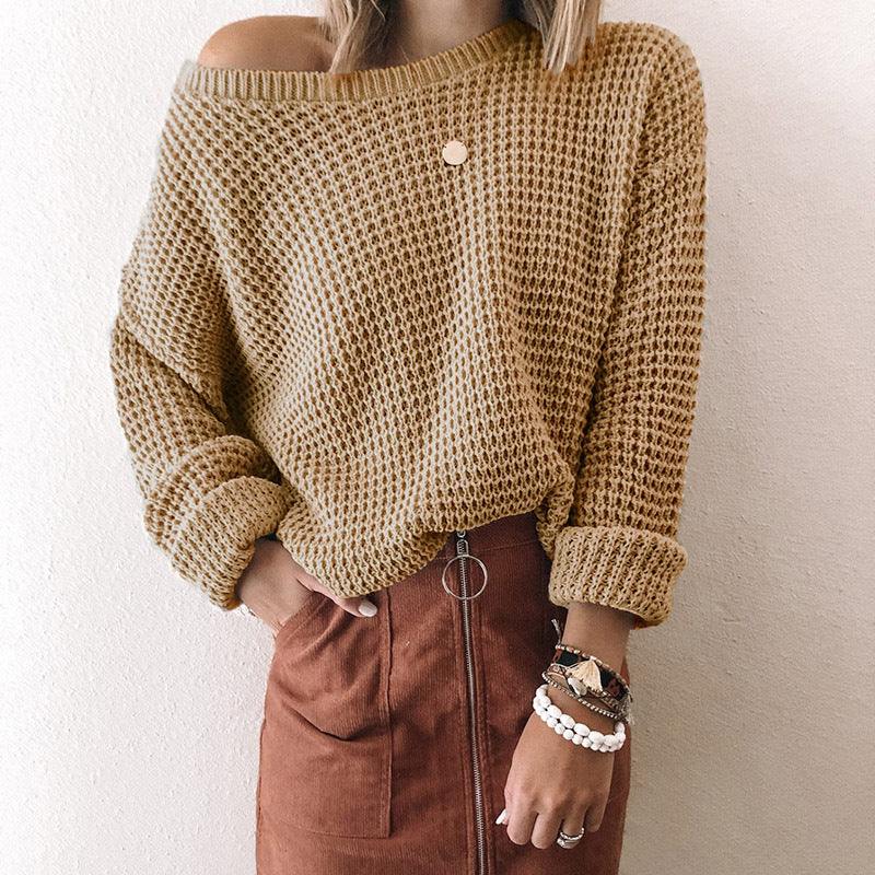 Solid Color Loose Diagonal Neck Long Sleeve Knit Top