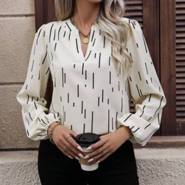 Women's V-neck Long-sleeved Slim-fit Printed Shirt