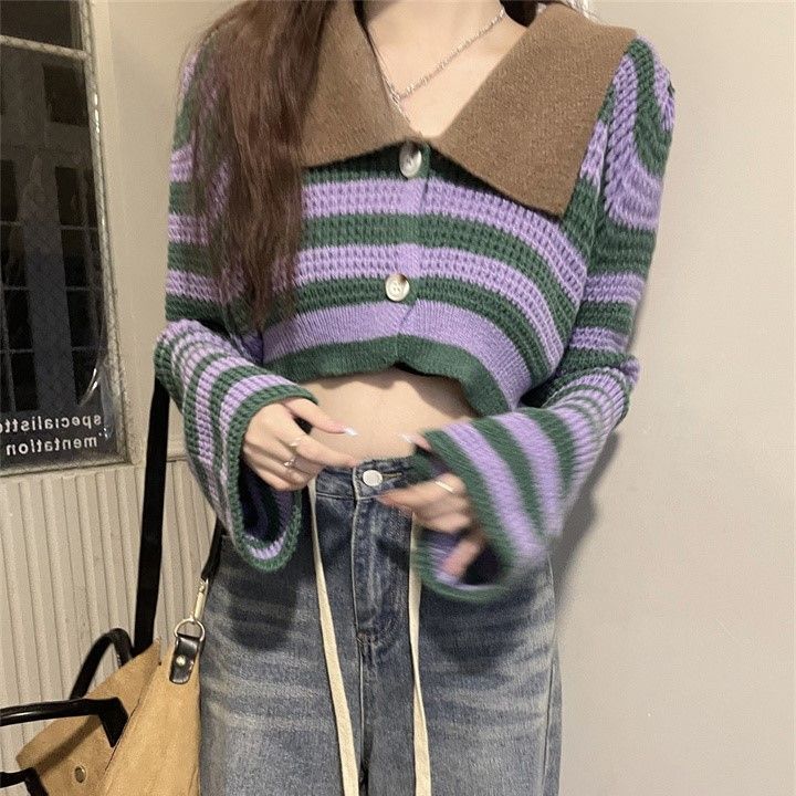 Short Long Sleeve Knitted Cardigan Design Blouse