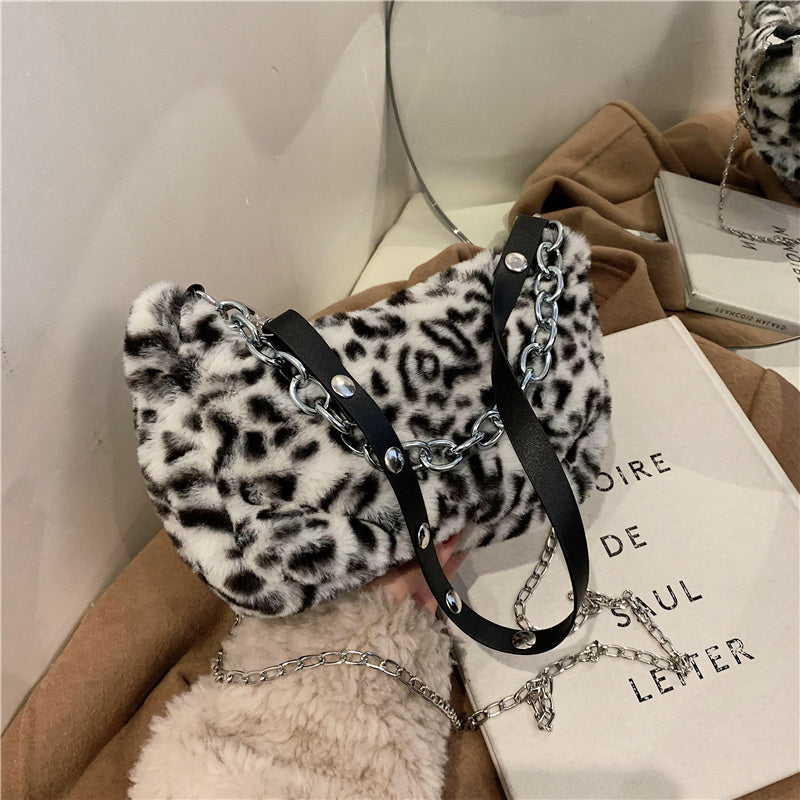 Leopard Pattern Plush Bag Personality Diagonal Women Bag Chain Bag Bag Shoulder