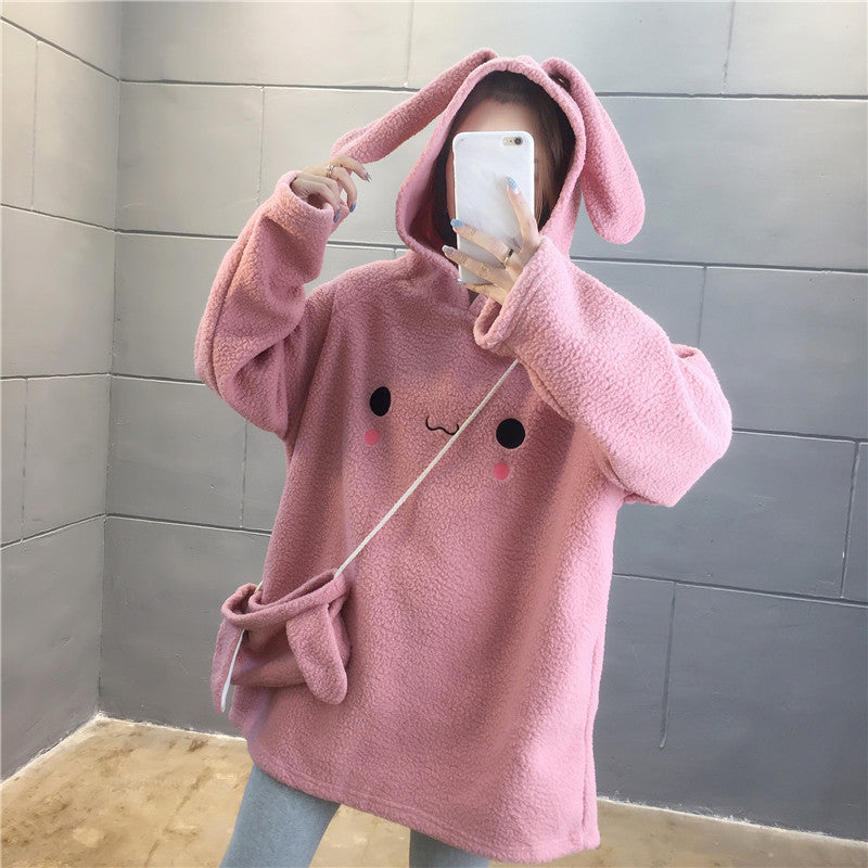 Cute Long Rabbit Ears Lamb Wool Hooded Pullover Sweater