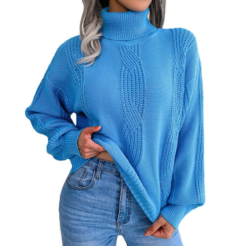 High Neck Fried Dough Twist Lantern Sleeve Bottomed Sweater For Women