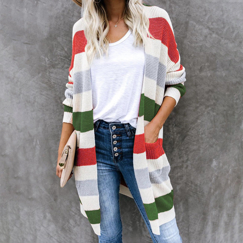 New Autumn And Winter Long Color-blocking Pocket Knitted Cardigan