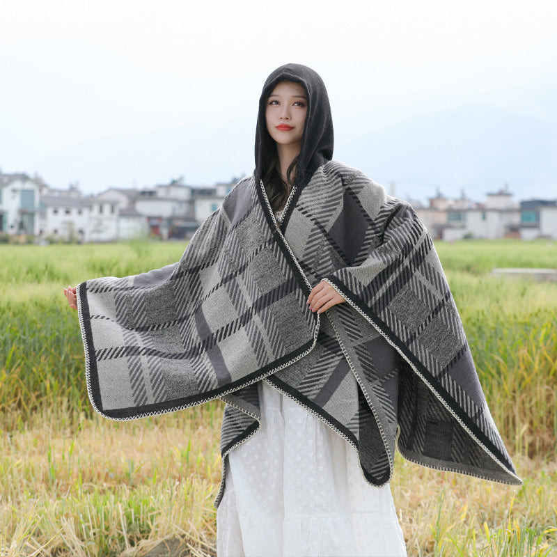 Shawl Simple Plaid Split Hooded Cape Thickened