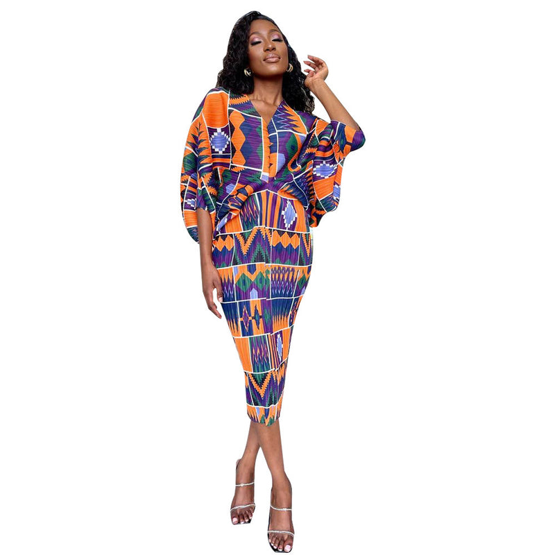 V-neck Batwing Sleeve Printed Dress