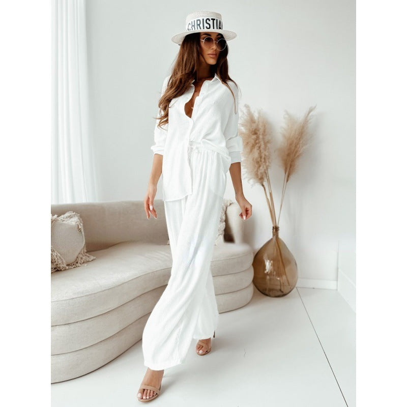 Loose Elastic Wrinkle Long-sleeved Shirt Wide-leg Pants Casual Suit