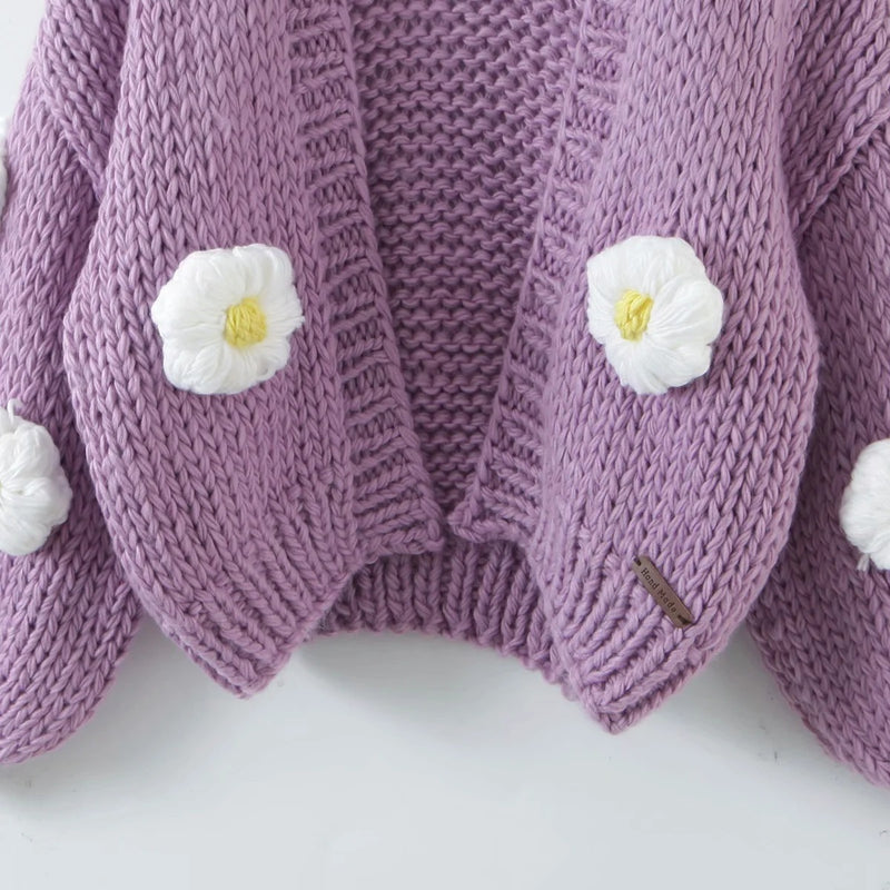 Pure Handmade Cardigan Slim Crochet Puff Three-dimensional Large Flower Sweater Women's Knitted Sweater