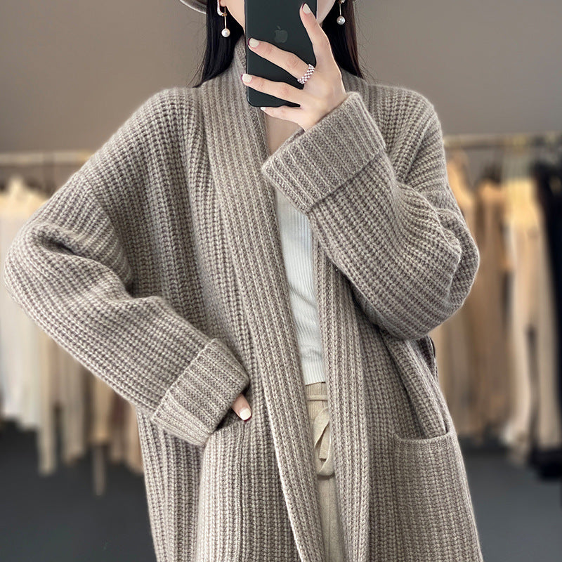 New Lazy Wind Mid-length V-neck Sweater Coat Women