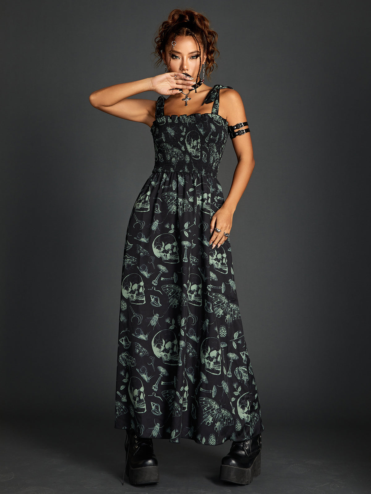 Dark Printing Smocking Lace-up Tube Top Dress