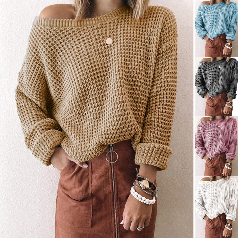 Solid Color Loose Diagonal Neck Long Sleeve Knit Top