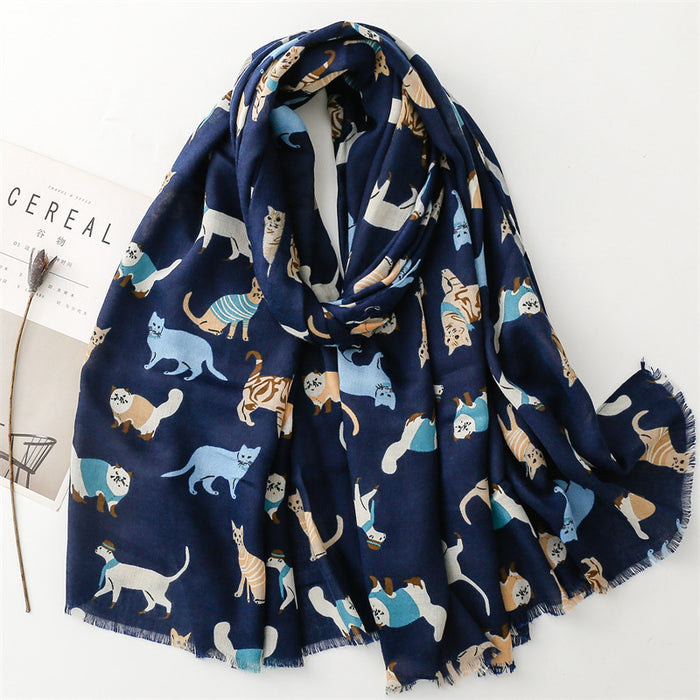 Cotton And Linen Hand Scarf Fashion Cat Cartoon Thermal Shawl