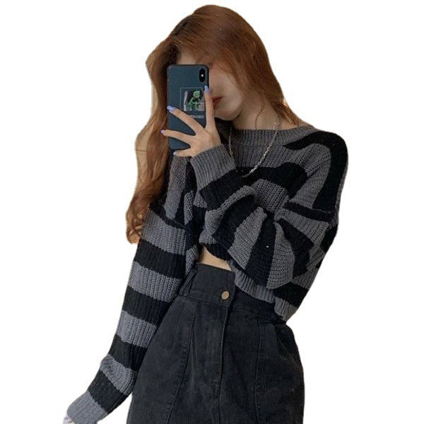 Short Top Women's Outer Wear Pullover Stripe Sweater