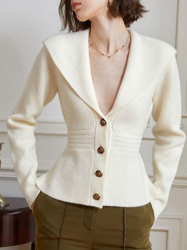 French Style Large Lapel Nipped Waist Knit Sweater Women's Coat