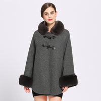 European and American autumn and winter new style rex rabbit fur collar double leather buckle knitted cardigan cloak shawl woolen coat women