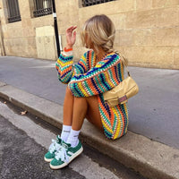 Autumn New Rainbow Bar Cardigan Long Sleeve Wide Songou Meibo Sweater Coat