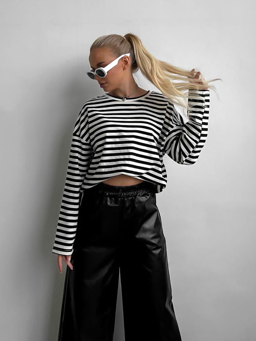 Women's Fashion Loose Casual Striped Long-sleeved T-shirt