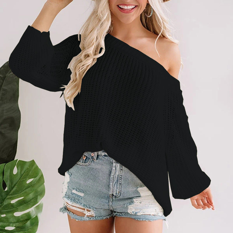 Spring European And American Women's Clothing Off-the-shoulder Off-neck Hollow-out Loose Knitted Pullover Sun-protective Clothing Sweater