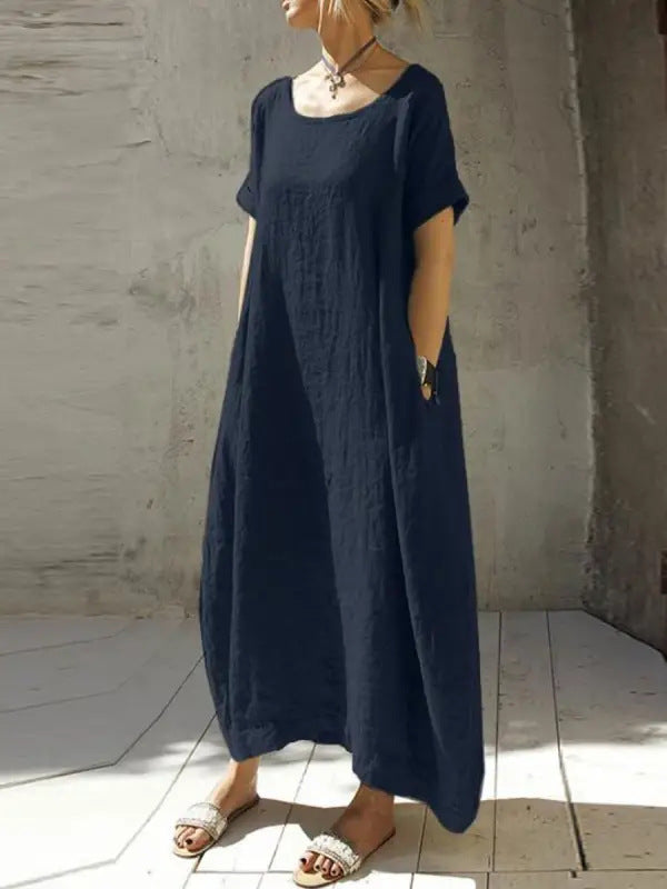 Women's Cotton And Linen Solid Color Round Neck Short Sleeves Waist Dress