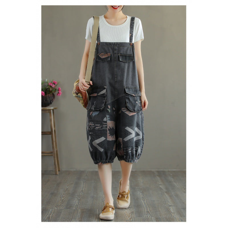 Women's Printed Denim Bloomers Split Overalls