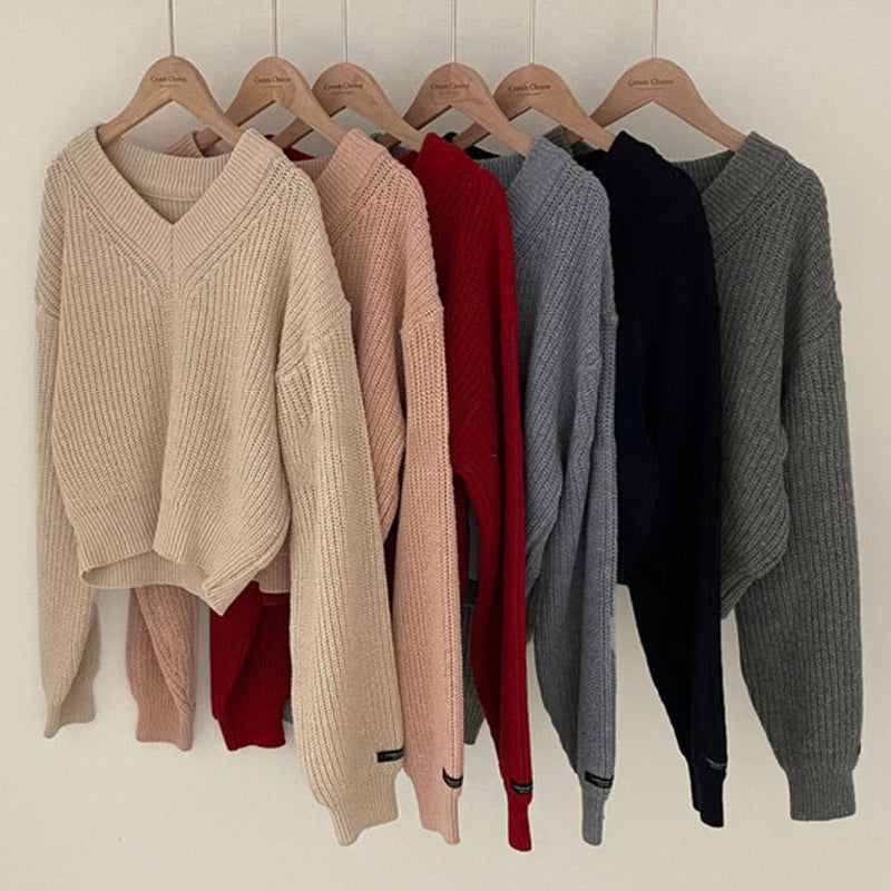 Letter Patch Loose Leisure All-matching Long Sleeve Knitted Pullover Sweater