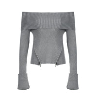 Off-shoulder Off-shoulder Zipper Hem Solid Color Long Sleeve Sweater