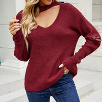 Sleeve Zipper Solid Color And V-neck Halter Sweater For Women