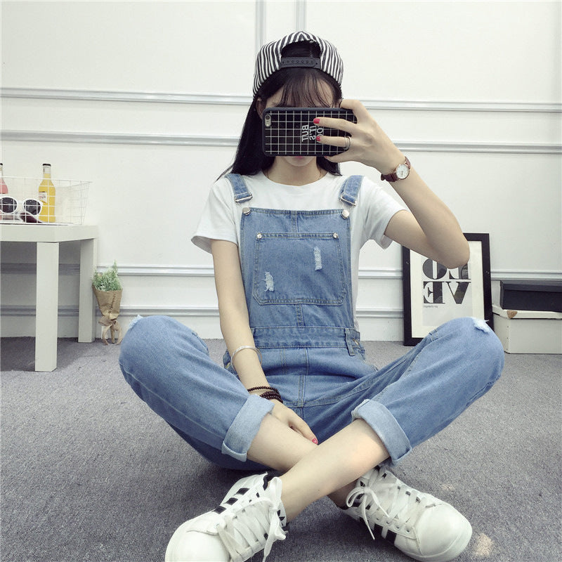 Spring And Autumn Casual Cool Ripped Denim Brace Trousers