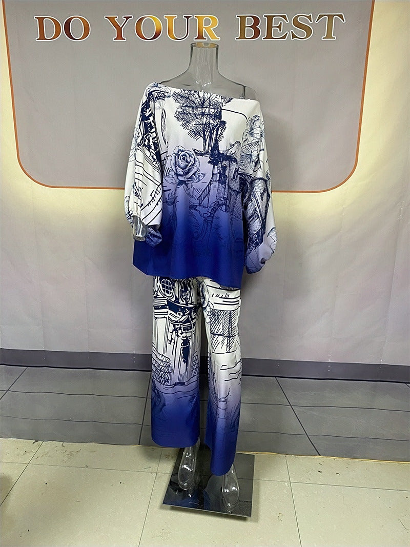 Autumn Printed Long Sleeve Batwing Shirt Wide Leg Pants Suit