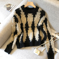 Lingge Contrast Color Lazy Style Loose Outer Wear Women's Knitted Sweater