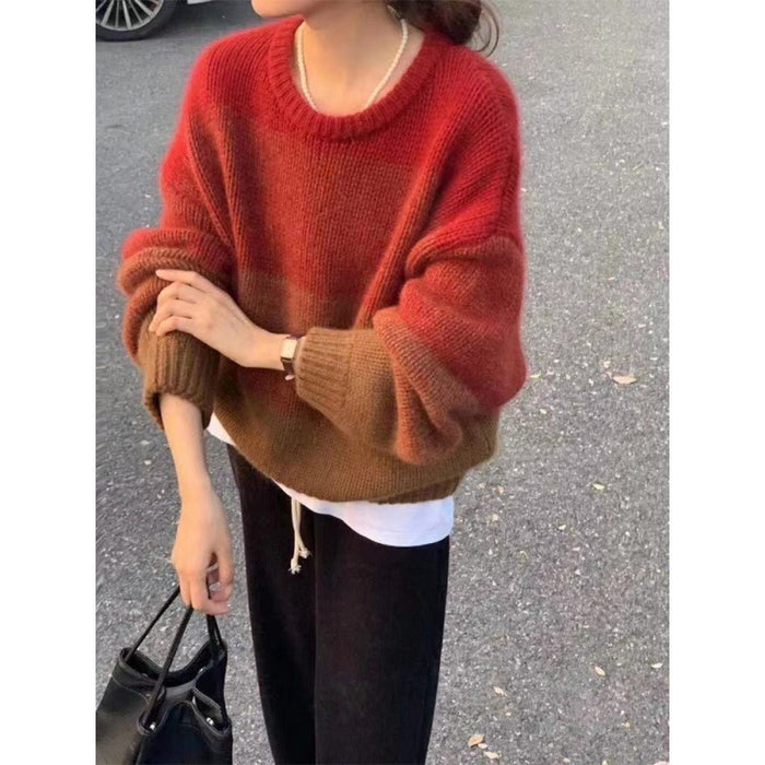 Lazy Soft Glutinous Pullover Neck Contrast Color Striped Sweater