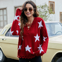 V-neck Knitted Sweater Five-star Jacquard Loose Pullover