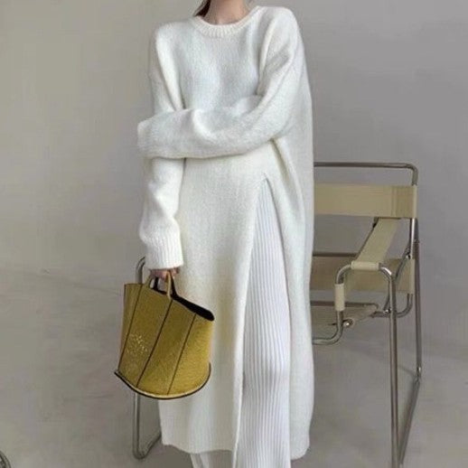 Loose And Idle Pullover Side Slit Over The Knee Knitted Sweater Dress