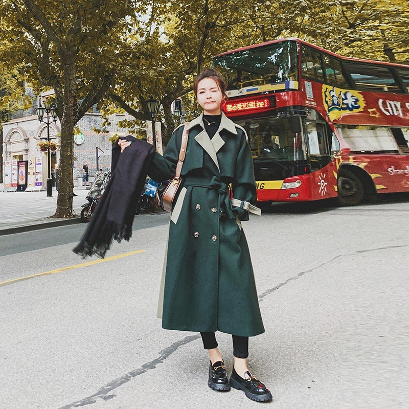 Women's Fashion Stitching Dark Green Woolen Coat In Winter