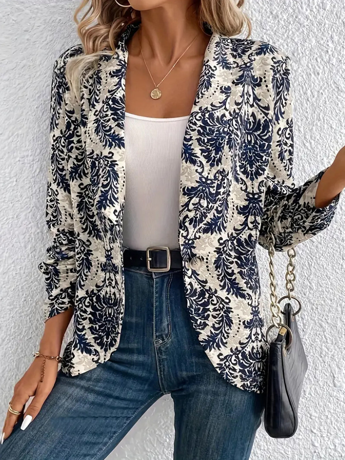 Women's Fashionable Cardigan Lapel Long Sleeve Printed Jacket Small Suit