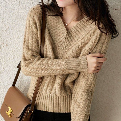 Soft Glutinous Twist Autumn And Winter Lazy Style Loose V-neck Sweater