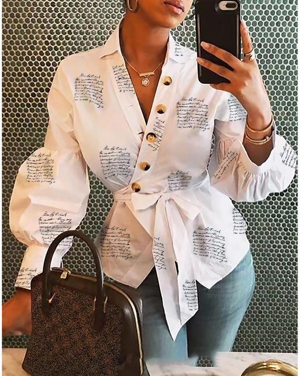 Long V Neck Balloon Sleeve Button Print Shirt