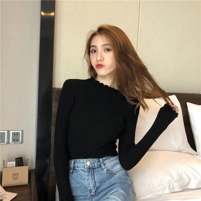 New Versatile Long Sleeve Underlay Knitwear Women's Crew Neck Thin Sweater Gentle Style Top