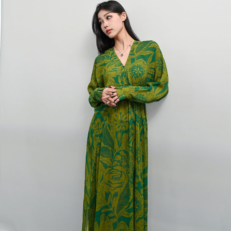 Pattern Printed V-neck Long Sleeve Long Dress Casual And Comfortable