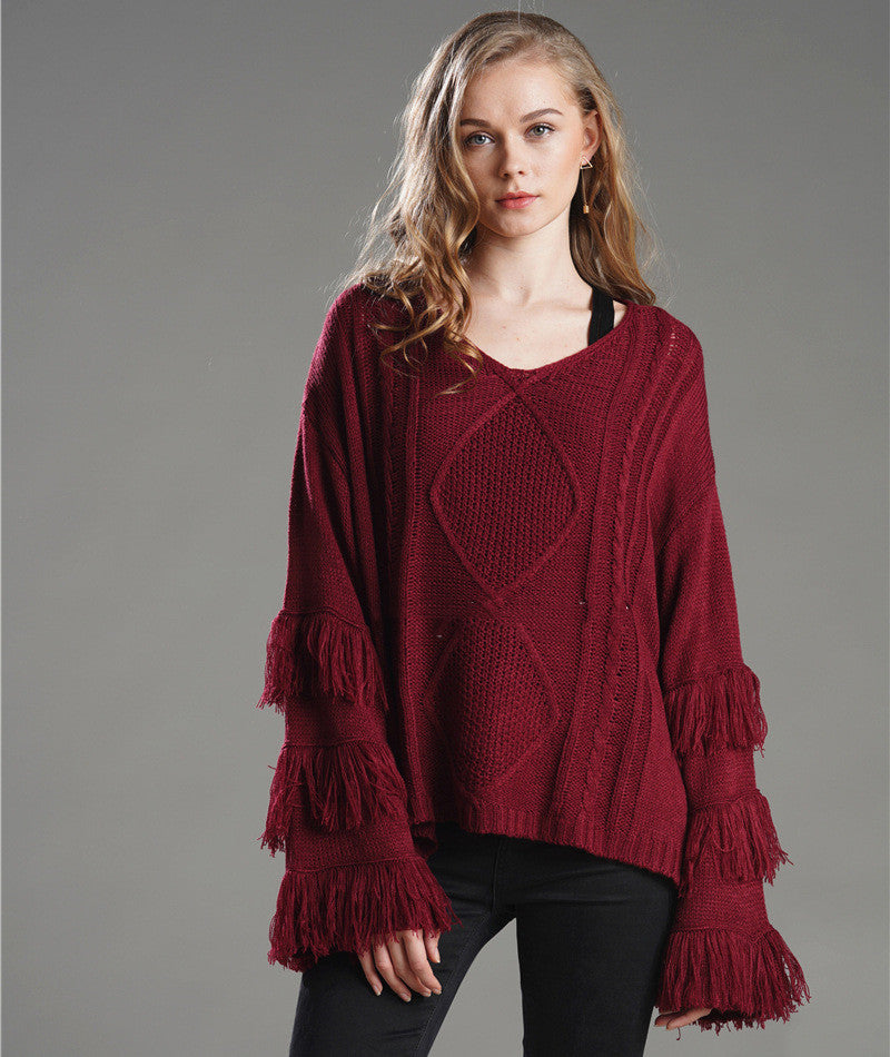 Pullover Loose Sweater Women Tassel Pure Color