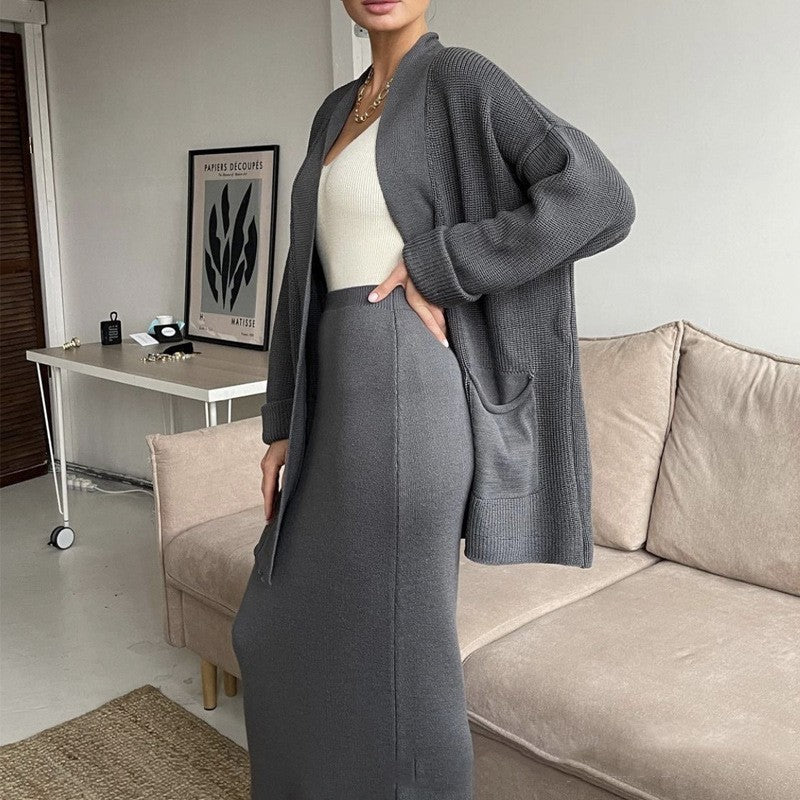 Women's Sweater Set Cardigan Loose Waistband High-waisted Skirt