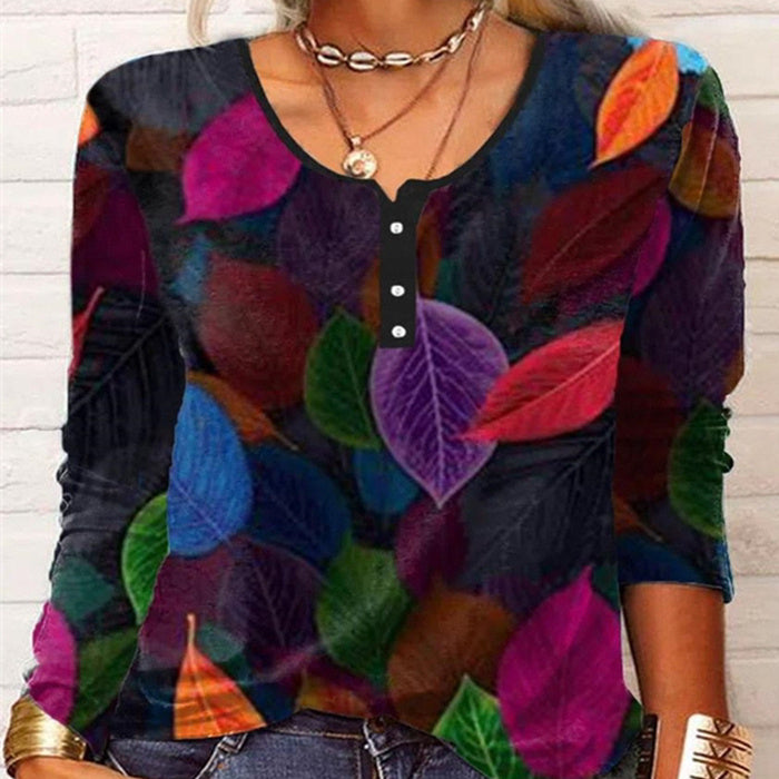 Loose Fashion Vintage Flower Print Long Sleeve Round Neck Top