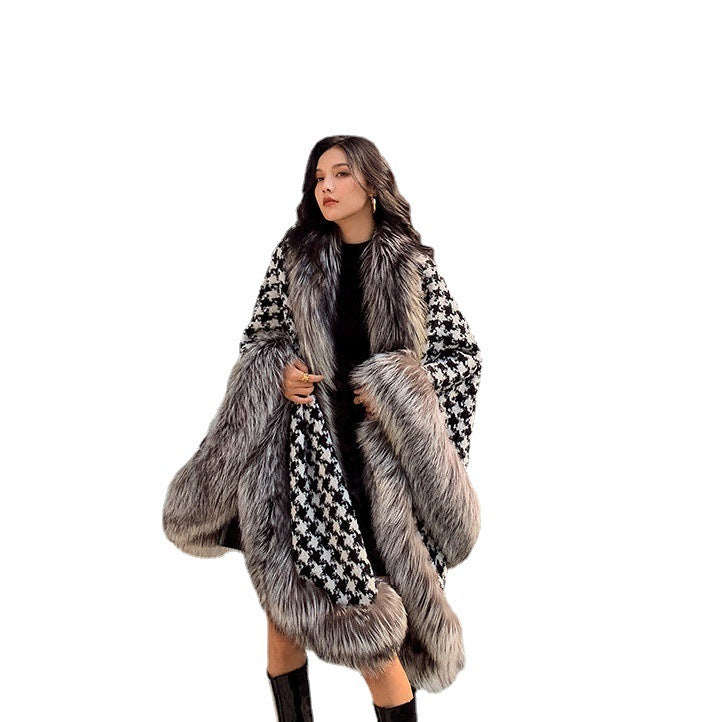 Houndstooth Thickened Net Red Fur Coat Shawl Cloak