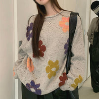 Pullove Round Neck Flower Mid-length Loose Sweater