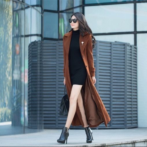 Thick Wool Slim-fit Hepburn Style Ultralong Overknee Overcoat For Women